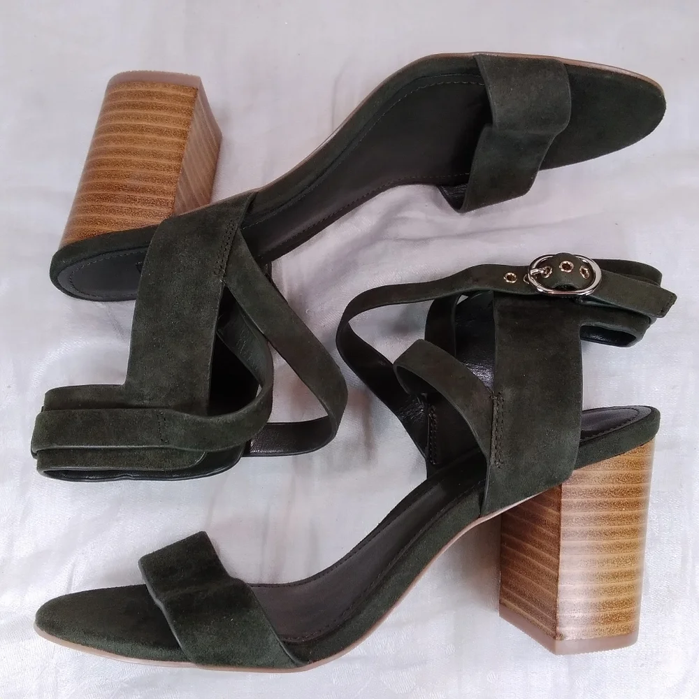 White House Black Market Marlo Olive Suede SANDALS Womens Size 6.5M Chunky Heels - Picture 5 of 12